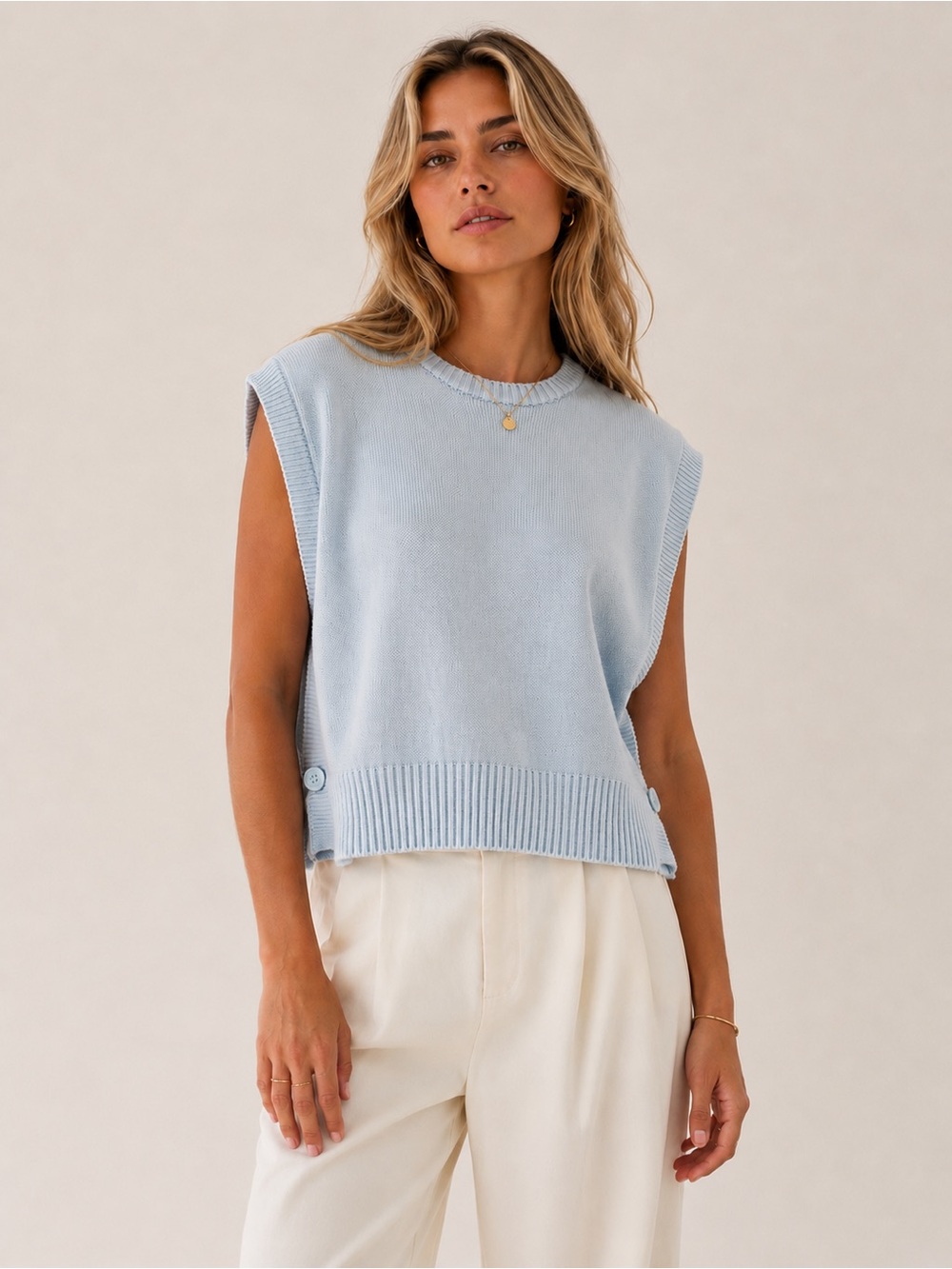 ZARA | Powder Blue Knit Sweater Vest Side Button Crew Neck Size Medium
